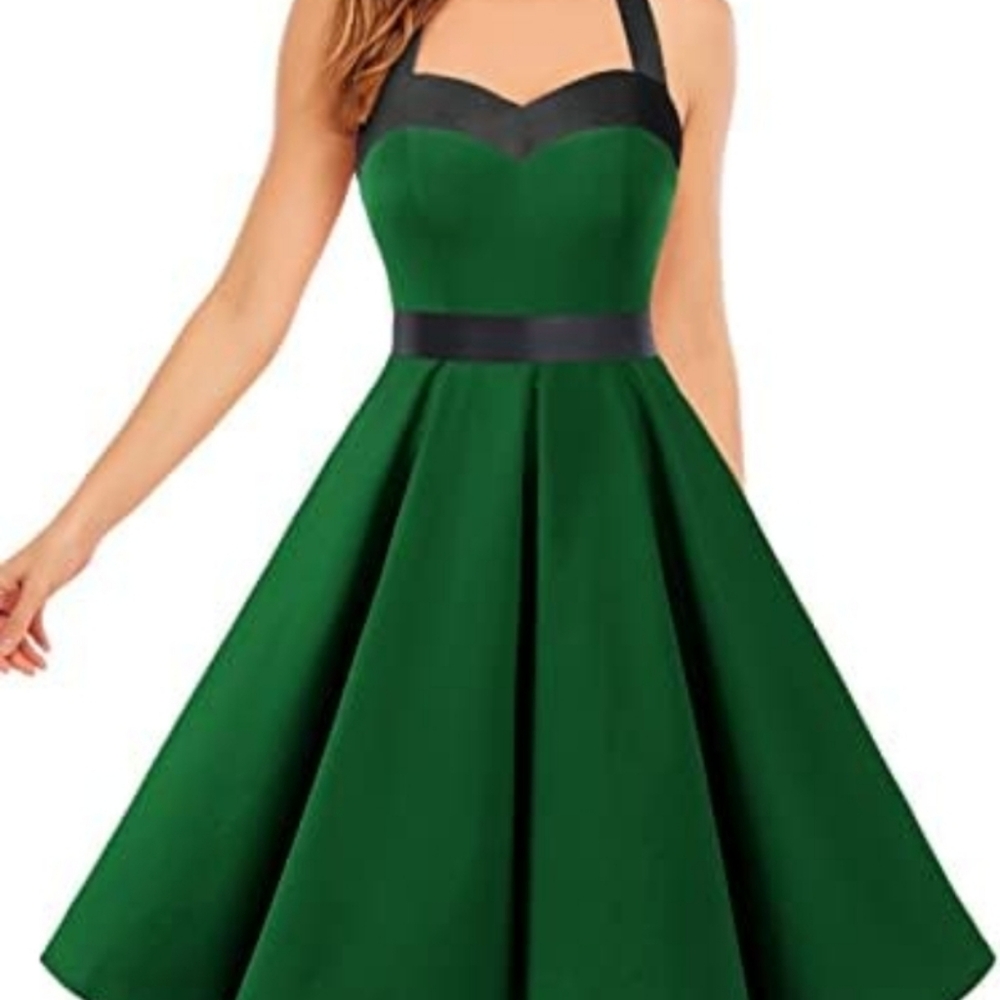 Green Halter Fit & Flare Dress with Contrast Trim
